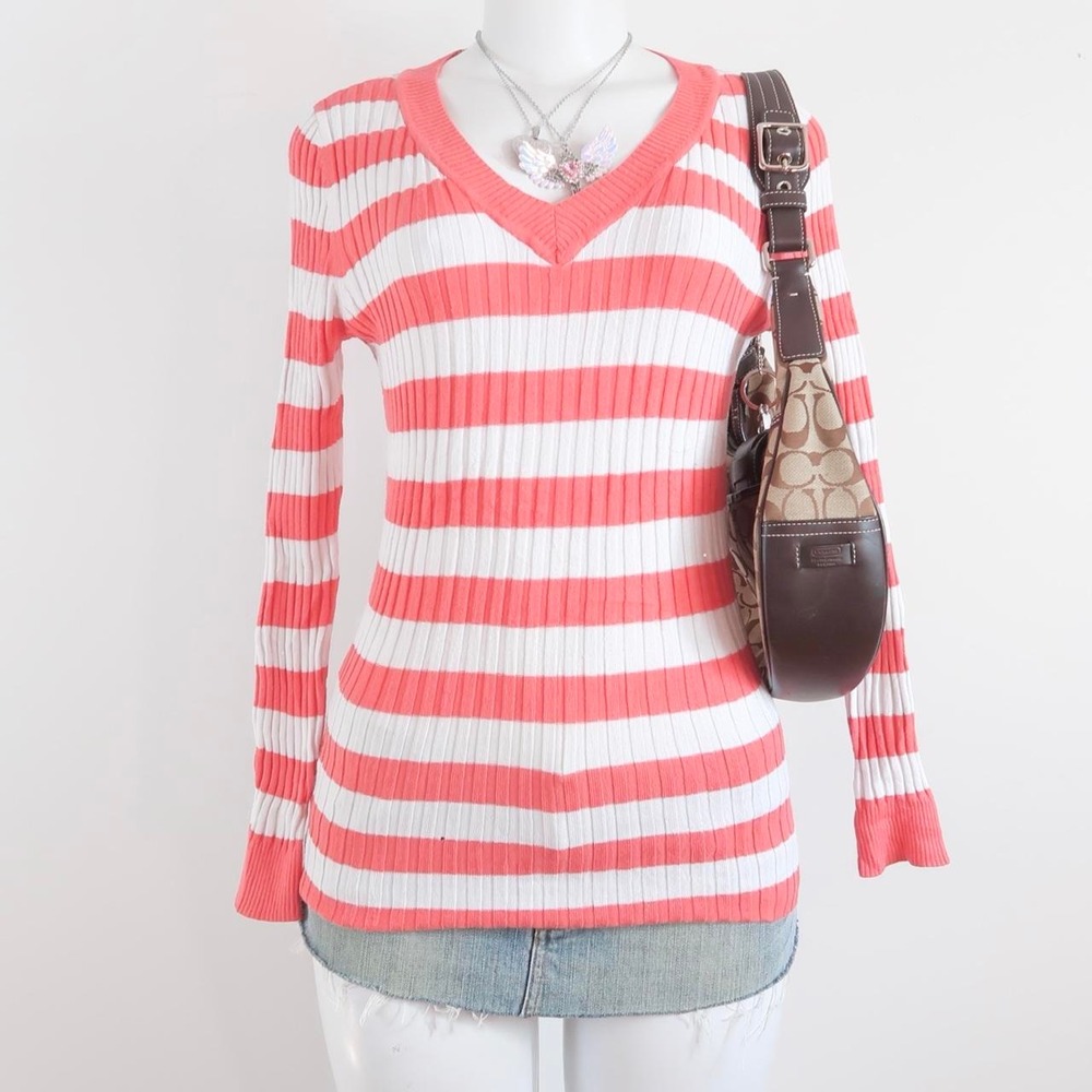 coral pink striped ribbed v neck sweater | y2k 2000s preppy top